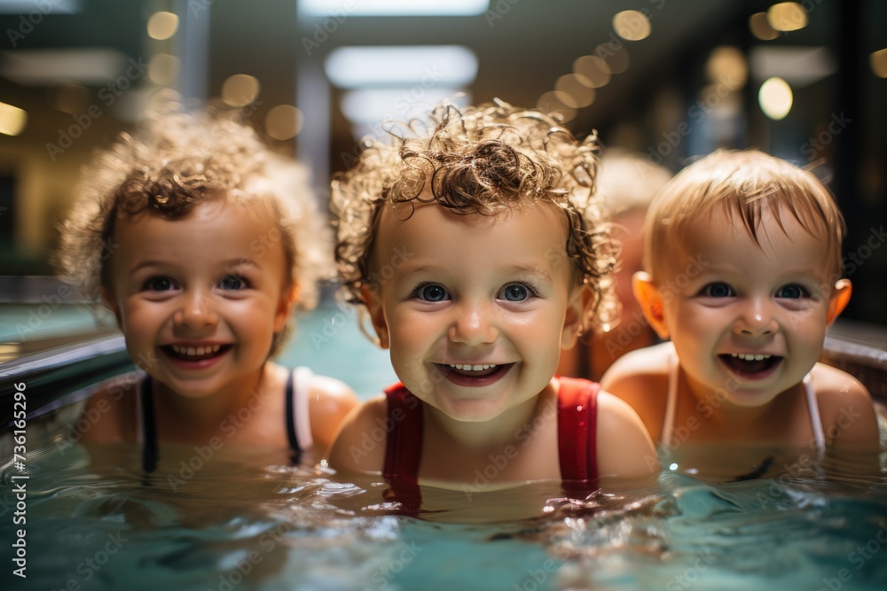 A group of smiling toddlers enjoys a refreshing moment in a swimming pool. The image perfectly captures the joy and excitement of early swimming experiences. A group of smiling toddlers enjoys a refreshing moment in a swimming pool. The image perfectly captures the joy and excitement of early swimming experiences.