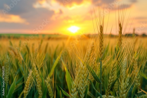 spikelets of wheat close-up against the background of a wheat field at sunset