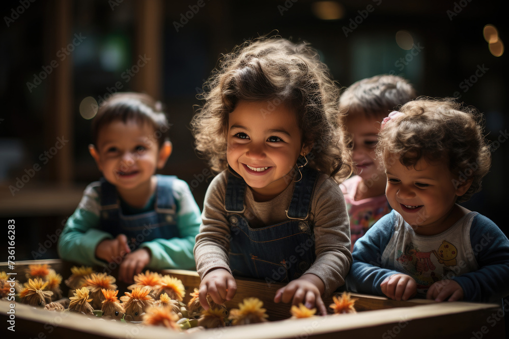 Children are captured in a moment of pure joy as they hug soft or stuffed toys. The image radiates innocence and delight, making it an ideal choice for a toy shop commercial. - obrazy, fototapety, plakaty 