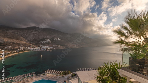 Panorama showing Amorgos island aerial timelapse from above. Greece
