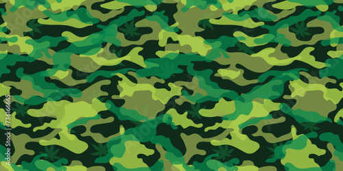 Trendy camouflage military pattern with cannabis leaf. Vector camouflage pattern for clothing design.