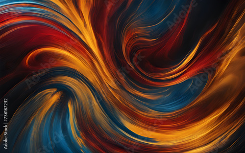 Abstract Color Dynamics. dramatic and explosive swirl of paint, with vibrant gold and red hues erupting into a black void, depicting motion and energy