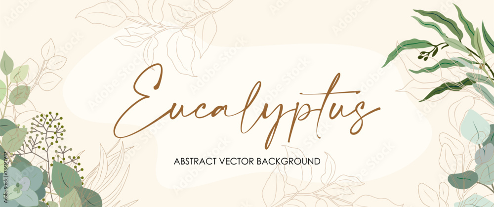 Eucalyptus Abstract background. Luxury minimal style wallpaper with golden line art and green eucalyptus leaves and branches. Vector art for banner, cover, poster, cards, invitations, Web, packaging.