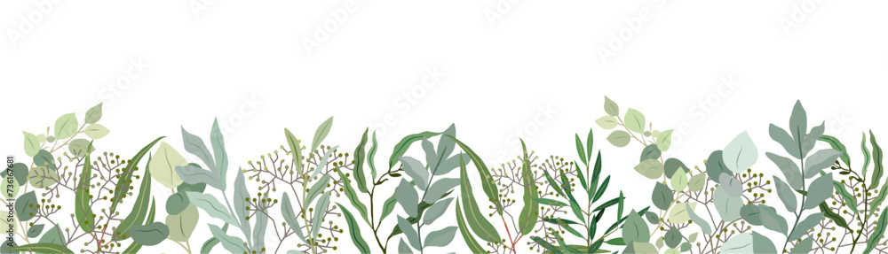 Eucalyptus leaves and branches border. Trendy botanical illustration. Greenery for wedding invitation, greeting cards, decoration, stationery design. Vector art Isolated on transparent background.