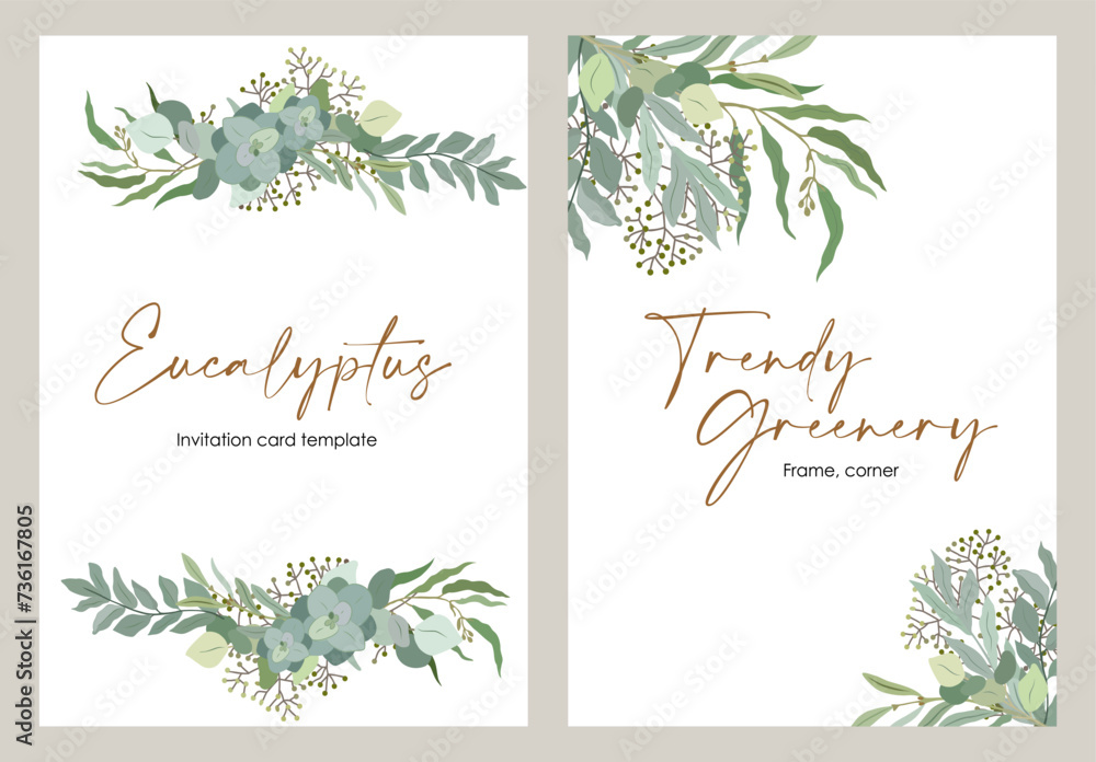 Eucalyptus branches, leaves composition elegant botanical illustration for greeting, invitation cards. Trendy greenery wedding Save the date template. Vector illustration Isolated on white background.