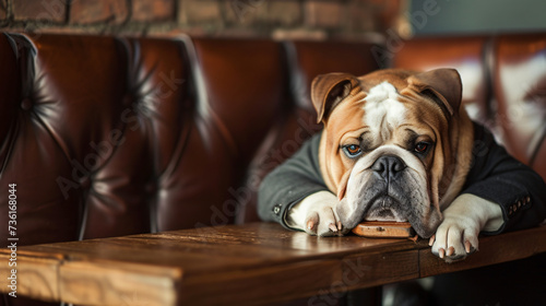 Sad looking British Bulldog pretending to be busy. © Fary