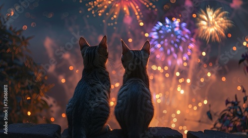 Two cats are sitting side by side watching fireworks go off in the darkness. The fireworks go off in succession  and the way the colors change from blue to purple to red is beautiful.