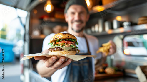 A cheerful vendor in a food truck serving a vegan burger wrapped in biodegradable paper  Food truck serves  blurred background  with copy space