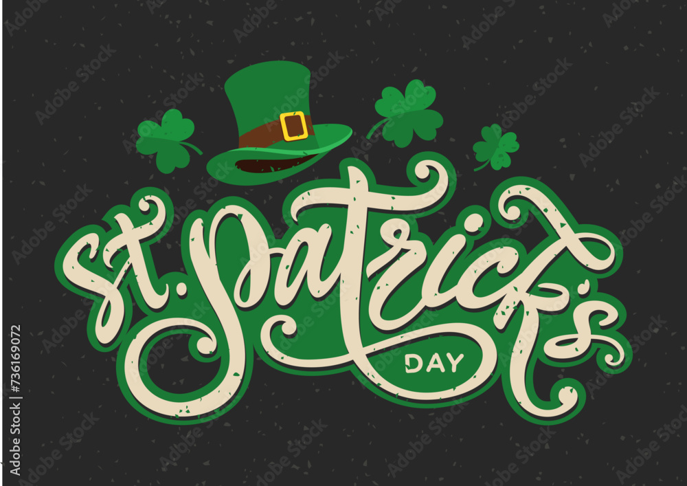 St. Patrick's day card, retro, vintage, banner, 
poster, flyer, background with Happy St. Patrick's day logo, text, hand lettering, leprechaun hat clipart, 
lucky clover, shamrock vector printable - obrazy, fototapety, plakaty 