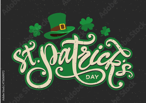 St. Patrick's day card, retro, vintage, banner, poster, flyer, background with Happy St. Patrick's day logo, text, hand lettering, leprechaun hat clipart, lucky clover, shamrock vector printable