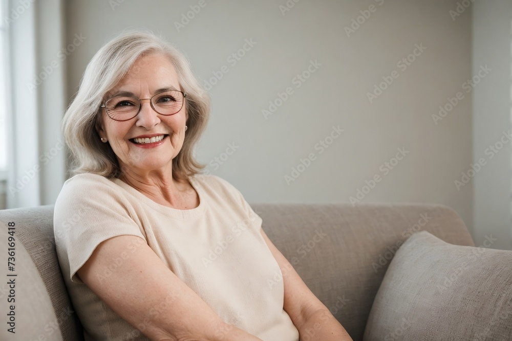 Beautiful senior woman wearing glasses relaxing in her cozy living room. Retirement and Happy Life concept. Beautiful senior woman wearing glasses relaxing in her cozy living room. Retirement and Happy Life concept.