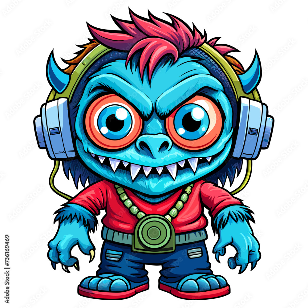 Fototapeta premium Monster, DJ, cute, style , Big eye, Full Human Body, art 90 style, headset, full body, white background
