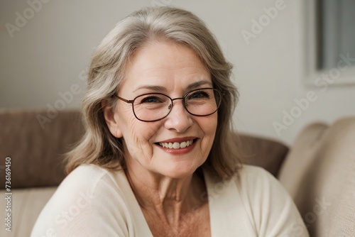 Beautiful senior woman wearing glasses relaxing in her cozy living room. Retirement and Happy Life concept.