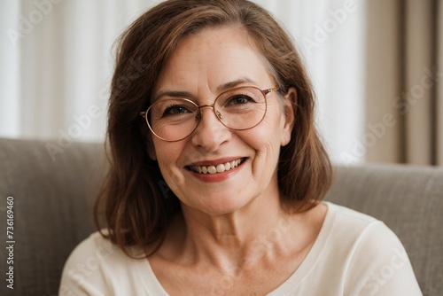 Beautiful senior woman wearing glasses relaxing in her cozy living room. Retirement and Happy Life concept.