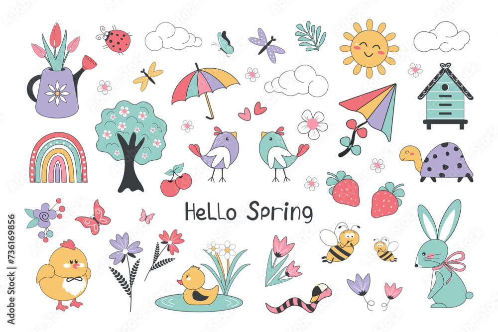A spring set of elements with a rabbit, a chicken, flowers on a white background. Vector illustration A spring set of elements with a rabbit, a chicken, flowers on a white background. Vector illustration