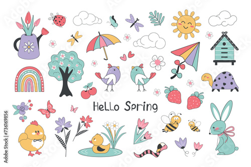 A spring set of elements with a rabbit, a chicken, flowers on a white background. Vector illustration