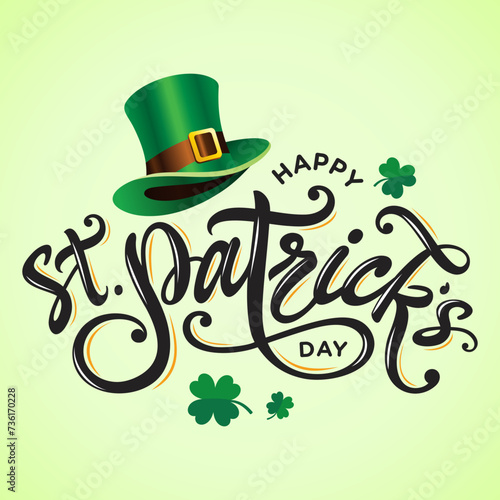 St. Patrick's day social media post, card, banner, poster, flyer, background with Happy St. Patrick's day text, logo, lettering, leprechaun hat clipart, four leaf clover outline, shamrock vector, web