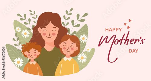 Happy Mother's Day banner. Young woman mother with children, son and daughter. Flat illustration in cartoon style, vector