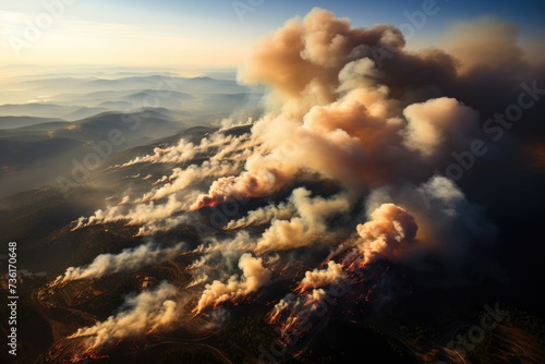 A stark image of a forest ravaged by a wildfire. Shown from a drone perspective charred trees and blackened earth dominate the landscape, portraying the devastating natural disaster. photo