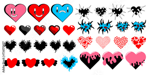 Hearts illustrations big set. Varied hearts for Happy Valentines day in trendy cartoon style. Hearts with eyes, spikes, wings, fire and slime. Vector illustration isolated on white background.
