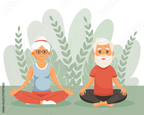 Happy grandparents go in for sports, yoga, walks. A couple of elderly people are exercising. Flat illustration in cartoon style, vector