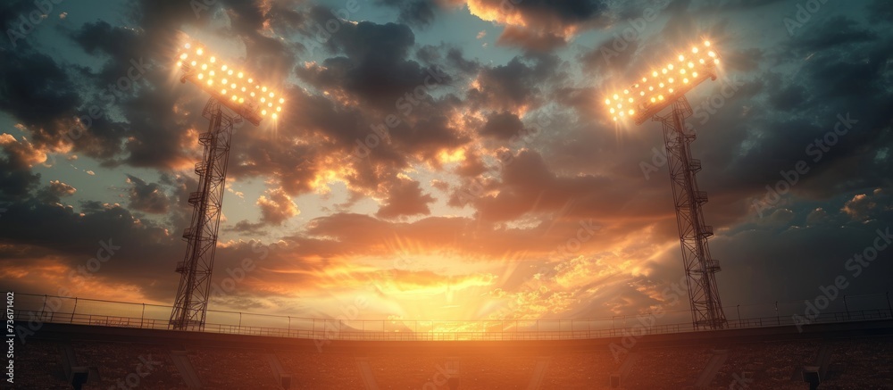 Panoramic view of a stadium with a baseball field and vibrant sky at sunset