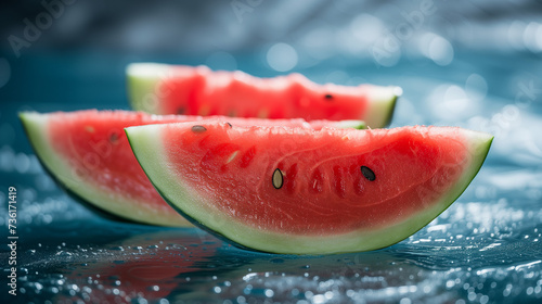 Juicy watermelon with sliced isolated on white background. Whole and slice of ripe watermelon.  Fruit stand in the summer  ripe watermelon. Water splashing on Sliced of watermelon on blue background 