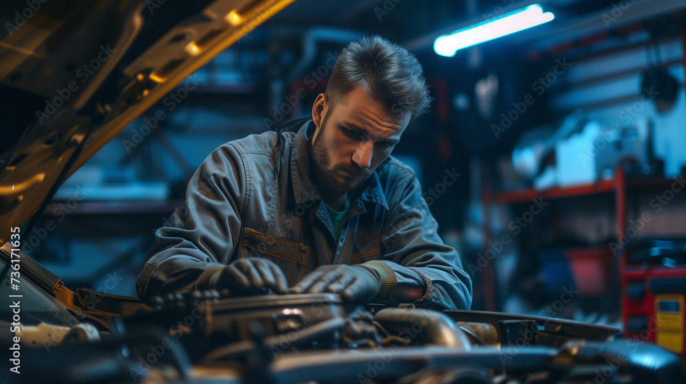 Professional Mechanic Engaged in Car Repair, Focused on Engine Work in Automotive Workshop, Illuminated Garage Environment, Variety of Tools and Equipment, Dark Uniform, Protective Gloves