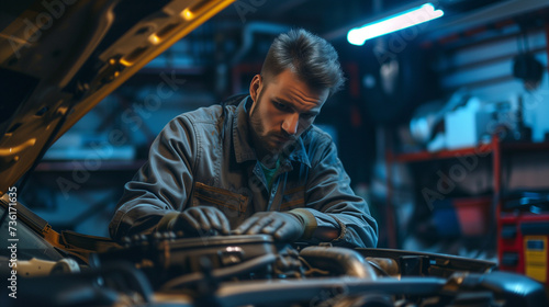 Professional Mechanic Engaged in Car Repair, Focused on Engine Work in Automotive Workshop, Illuminated Garage Environment, Variety of Tools and Equipment, Dark Uniform, Protective Gloves © Michael