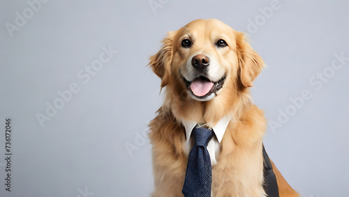 A pet dog concept friendly golden retriever dog wearing formal business suit workplace studio shot on plain color wall, photo