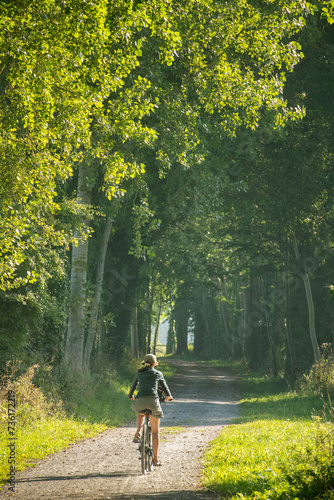 femme cycliste de dos sur un chemin en foret par une journée d'été sur une piste cyclable en normandie, , vue verticale photo