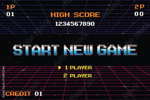 START NEW GAME play .pixel art .8 bit game. retro game. for game assets .Retro Futurism Sci-Fi Background. glowing neon grid. and stars from vintage arcade computer games