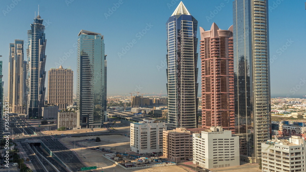 Fototapeta premium Business bay district skyline with modern architecture morning timelapse from above.