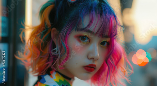 Personality Asian girl with multi-colored hair