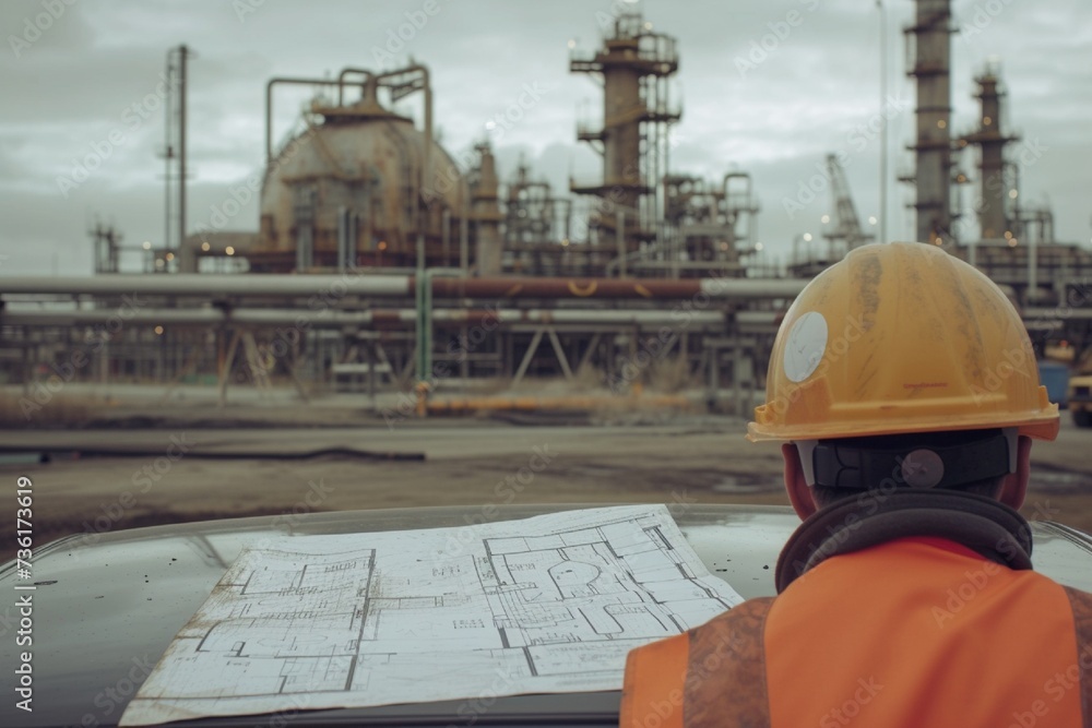 An engineer's blueprint, helmet, and vest on the hood of a vehicle with the complex infrastructure of an oil refinery visible in the distance. An engineer's blueprint, helmet, and vest on the hood of a vehicle with the complex infrastructure of an oil refinery visible in the distance.