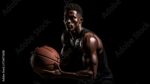 An athletic basketball player in a defensive stance ready to engage in play, highlighted by dramatic shadows and lighting. © 168 STUDIO