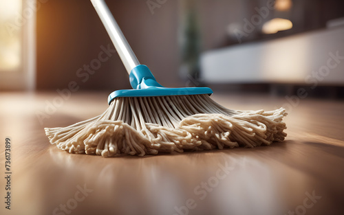 Closeup on a Mop in Sunlit Room, Cleaning Wooden Floor concept photo