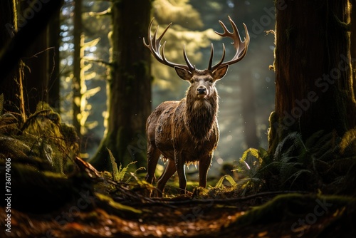 A deer with large branched antlers standing in a beautiful green forest.