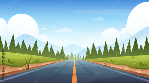 Road landscape. Vector illustration of highway with spring mountains, hills, fields, beautiful sky. Road trip to horizon. Car adventure. Straight freeway for vacation, adventure, game, web banner