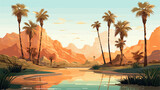Desert oasis with palm trees and water reflections  illustrating the contrast between arid and fertile landscapes. simple Vector Illustration art simple minimalist illustration creative