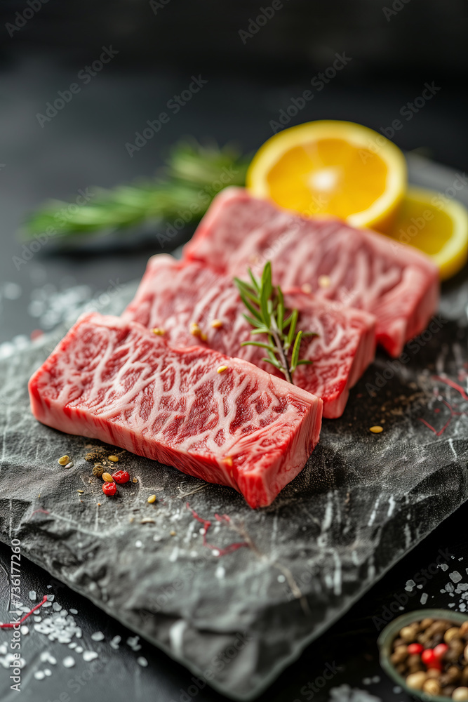 Japanese Wagyu beef on the stone cutting board on the black table Japanese Wagyu beef on the stone cutting board on the black table
