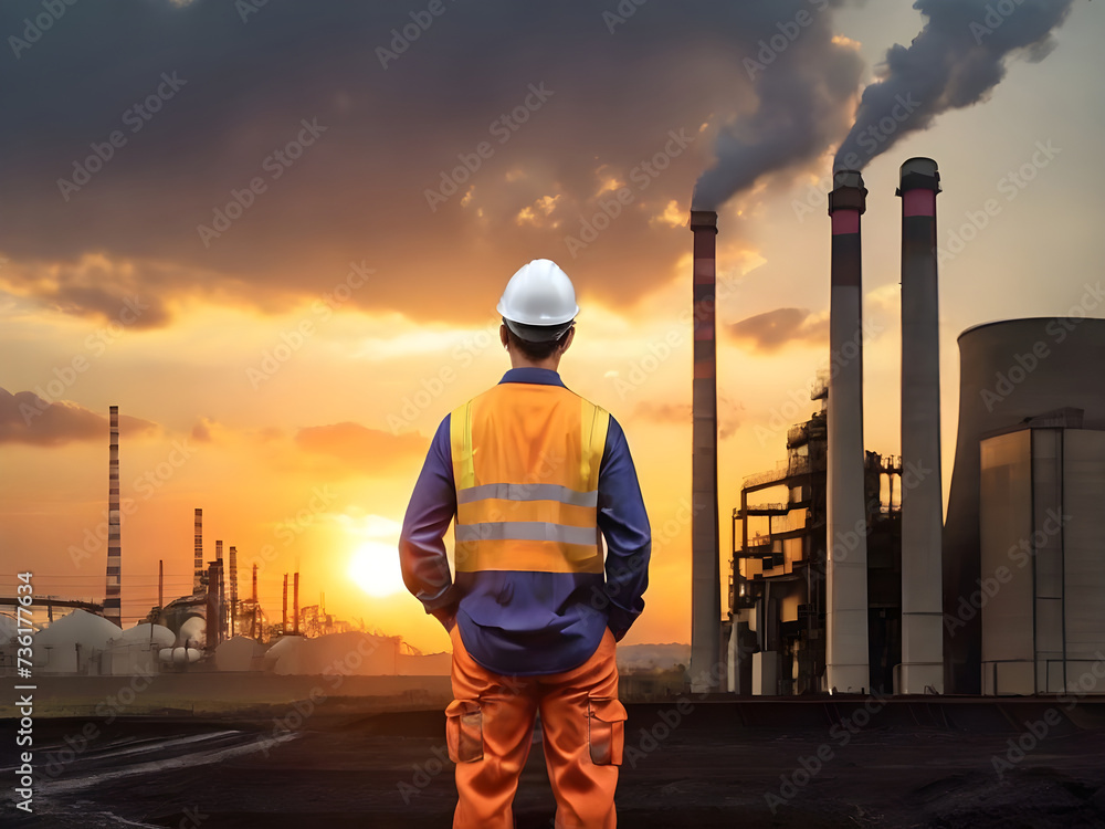 An engineer stands and watches a power plant as the sun sets.