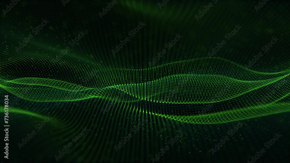 Seamless loop animation of abstract green particle waves smoothly moving on a dark background with soft glow effect. Computer science and digital technology screensaver. Looped video , 4k , 60 fps