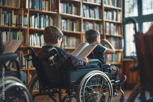 child in a wheelchair studying in the library or school with a book with a friend. Integrity and equality with disabled children