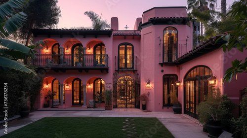 An avant-garde house with a muted flamingo pink facade, featuring a simple backyard and a grand wrought iron gate, set in the soft evening light © Khuram