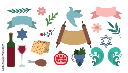 Big Passover set. Wine, matzo, fruit, torah. Vector isolated elements for holiday design.