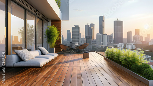 Modern Rooftop Terrace with Wooden Deck  Trimmed Bushes  Ornamental Grasses  Clear View of Urban Skyline  Safety Wall  Peaceful Relaxation Area for Outdoor Gatherings