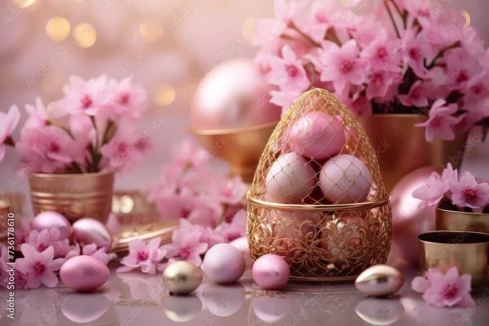 chic Easter composition with flowers, eggs and bunny in rose gold tones