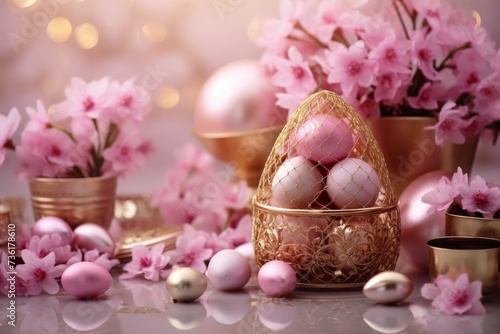 chic Easter composition with flowers, eggs and bunny in rose gold tones