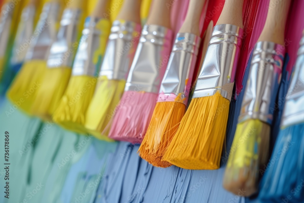 Fototapeta premium Paint brushes in a row on a blue background, close-up